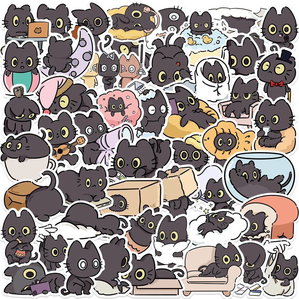 Custom Die Cut Transparent PET Vinyl Sticker 50 Pcs/Bag Cute Naughty Little Black Cat Graffiti Self-Adhesive Bag Sealing Labels