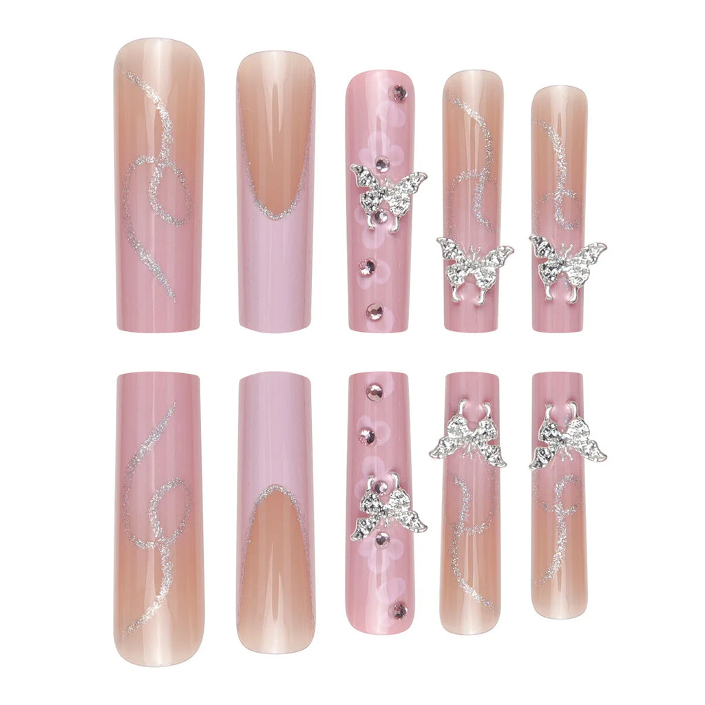 European American Style Square Wearable Silver butterfly Glitter Full Cover Press-on Nails pink Flower Rhinestone Tips Finger
