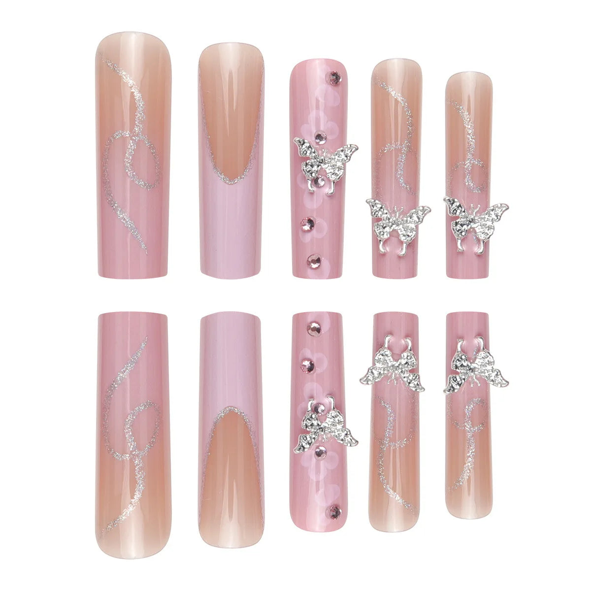 European American Style Square Wearable Silver butterfly Glitter Full Cover Press-on Nails pink Flower Rhinestone Tips Finger