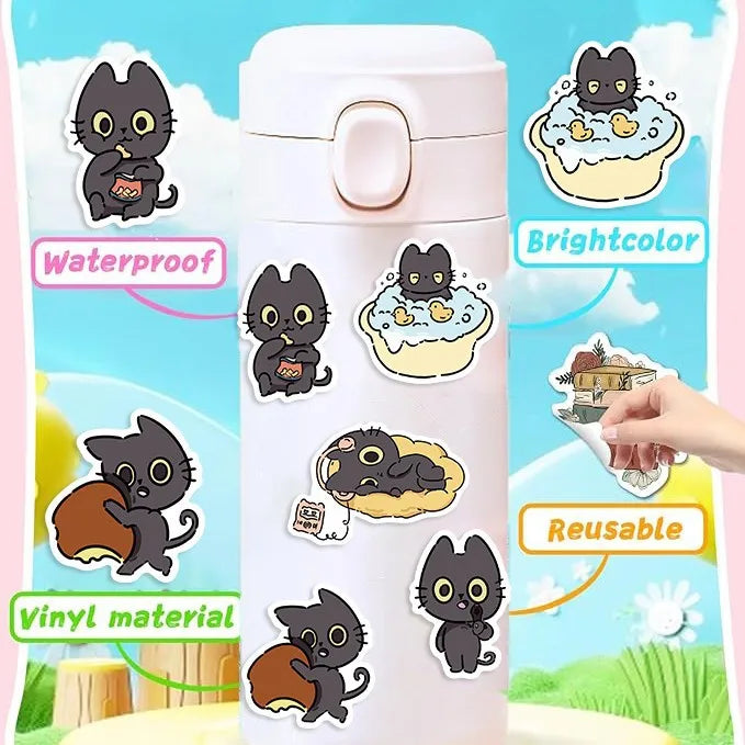 Custom Die Cut Transparent PET Vinyl Sticker 50 Pcs/Bag Cute Naughty Little Black Cat Graffiti Self-Adhesive Bag Sealing Labels