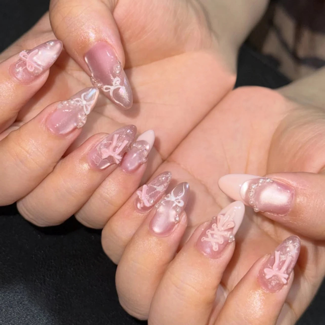 24 Pcs 4269 3D Short Almond PMMA French Style Romantic Art Acrylic Press on Nails Artificial Fingernails Candy False Nails