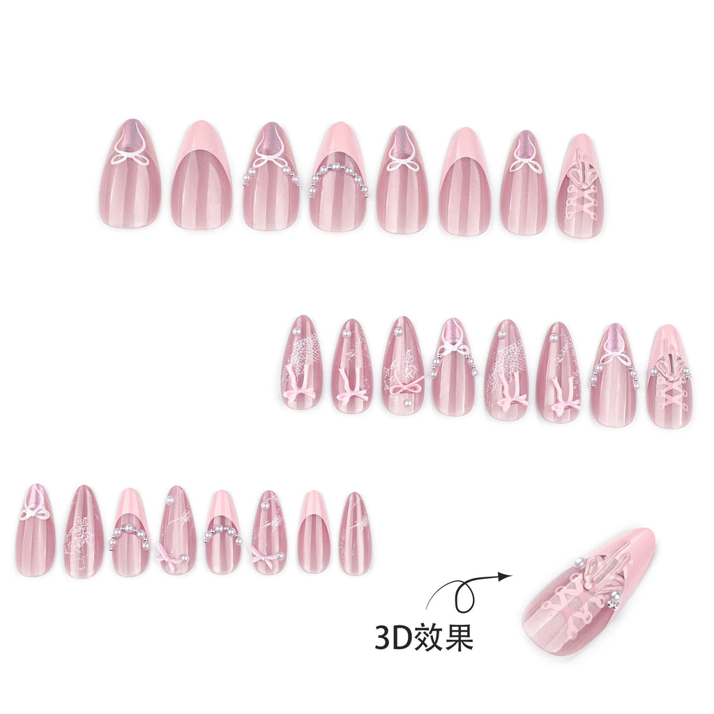 24 Pcs 4269 3D Short Almond PMMA French Style Romantic Art Acrylic Press on Nails Artificial Fingernails Candy False Nails