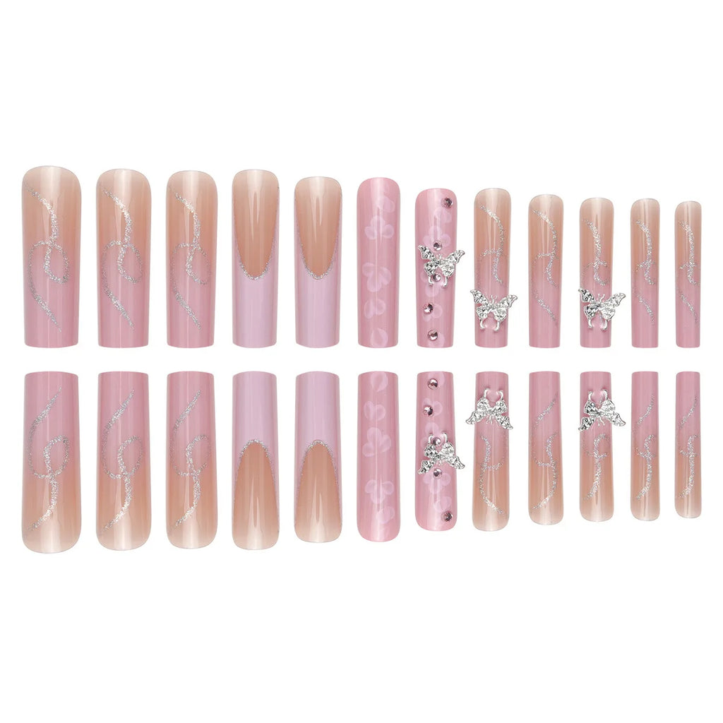 European American Style Square Wearable Silver butterfly Glitter Full Cover Press-on Nails pink Flower Rhinestone Tips Finger