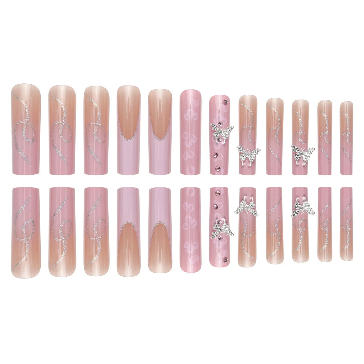 European American Style Square Wearable Silver butterfly Glitter Full Cover Press-on Nails pink Flower Rhinestone Tips Finger