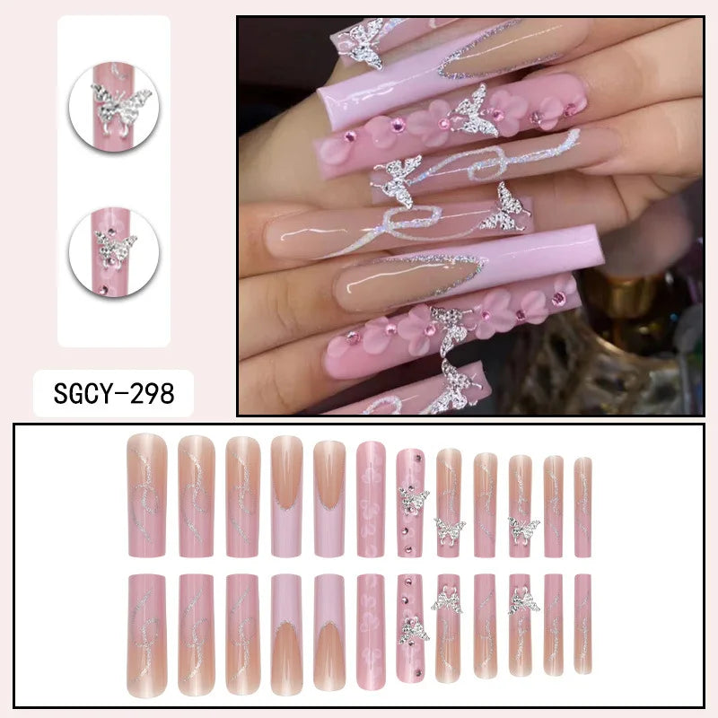European American Style Square Wearable Silver butterfly Glitter Full Cover Press-on Nails pink Flower Rhinestone Tips Finger