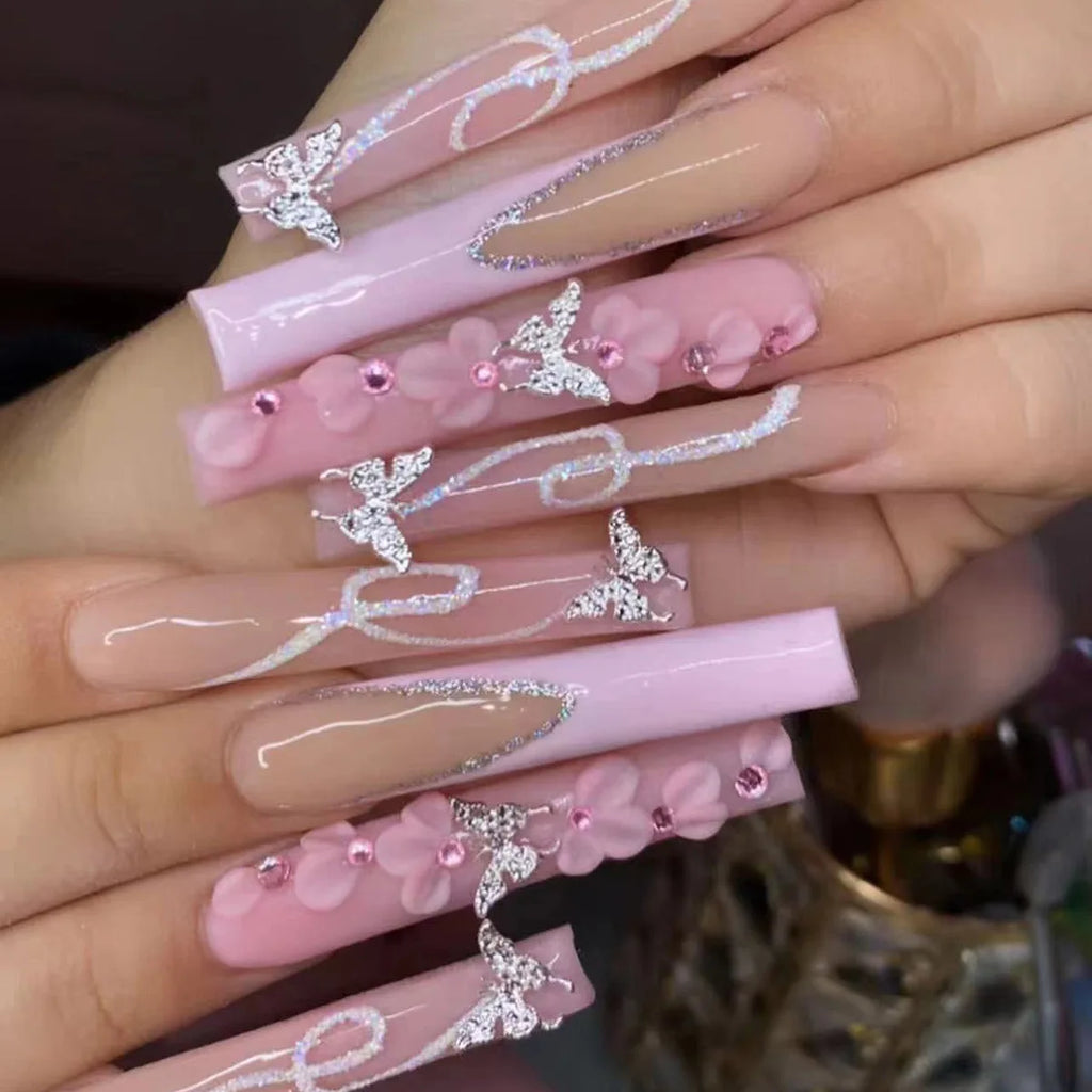 European American Style Square Wearable Silver butterfly Glitter Full Cover Press-on Nails pink Flower Rhinestone Tips Finger