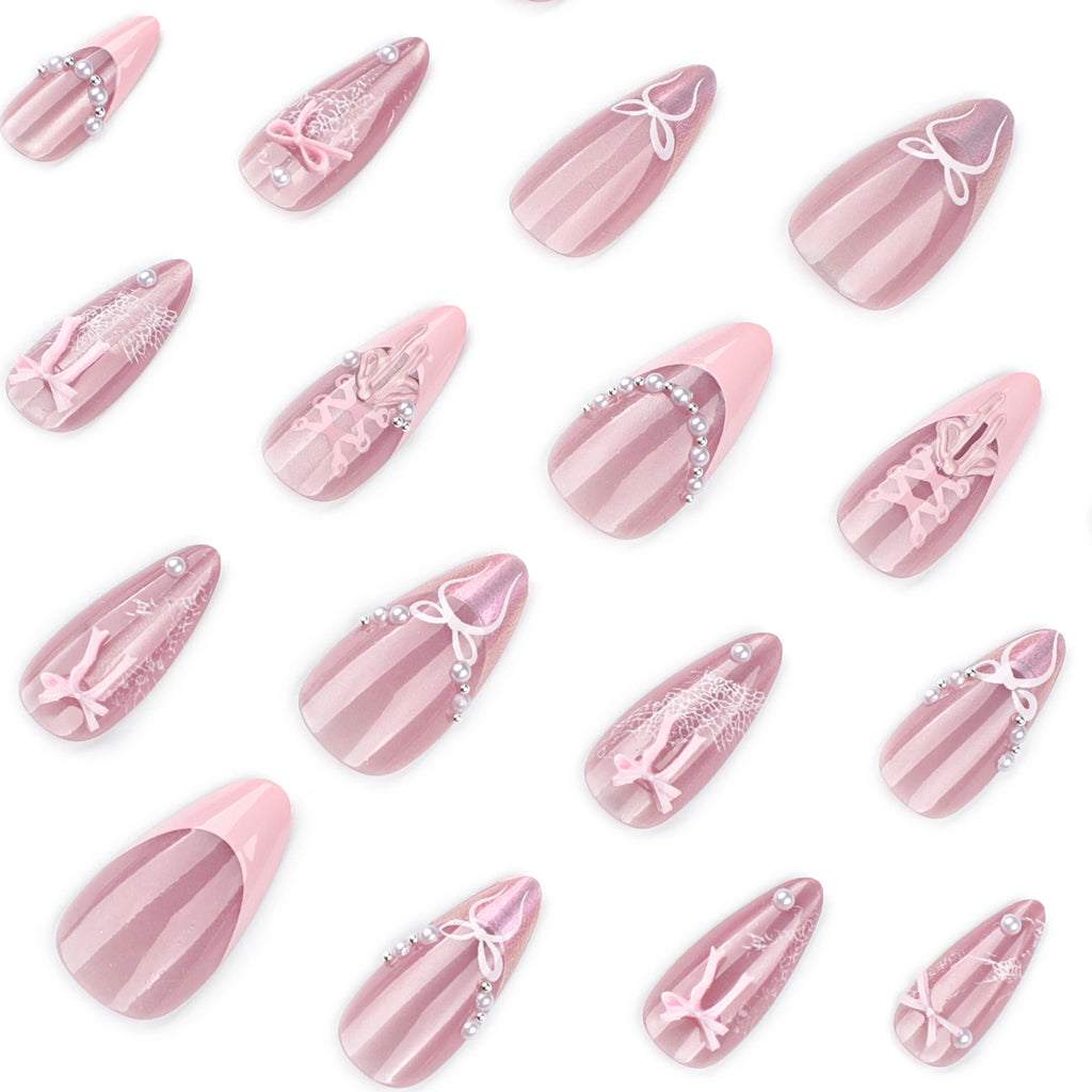 24 Pcs 4269 3D Short Almond PMMA French Style Romantic Art Acrylic Press on Nails Artificial Fingernails Candy False Nails