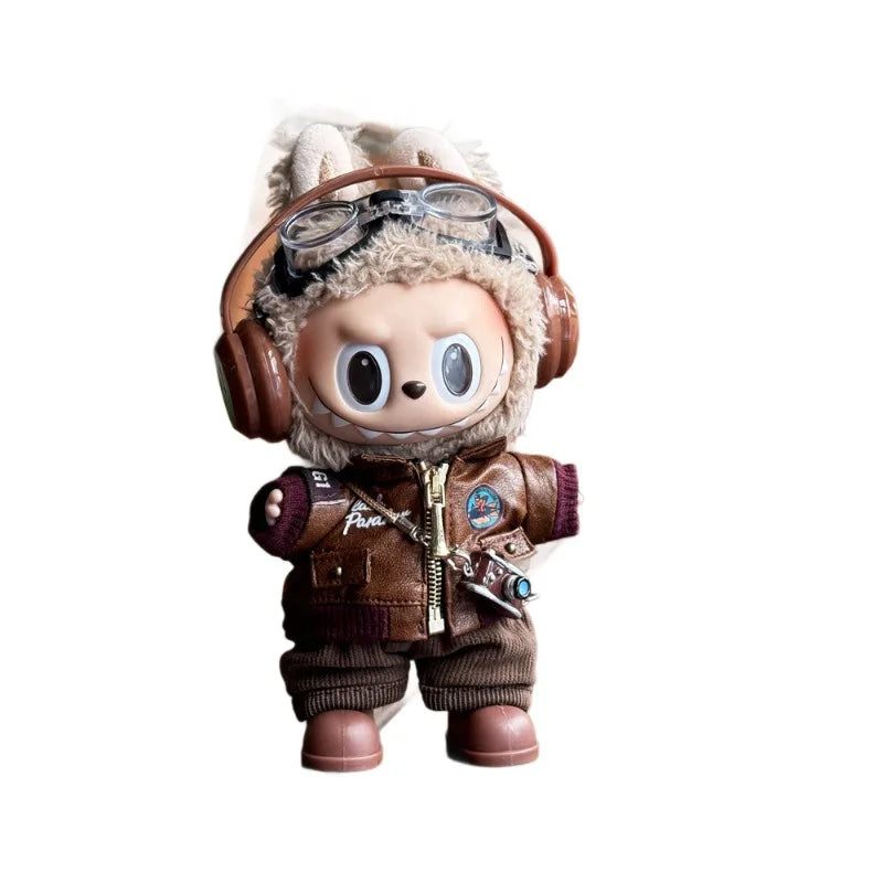 Labubu Retro Pilot Outfit Vintage Leather Jacket Aviator Headset Camera For 15/17cm 1st/2nd/3rd Gen Dolls