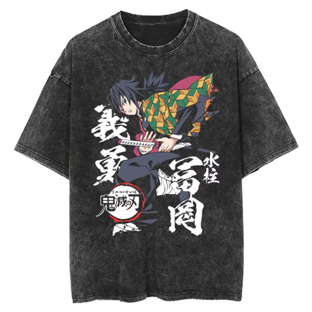 Anime Demon Slayer Shinazugawa Sanemi Cool Printed T-shirt Women Tshirts Vintage Washed Cotton Tee Harajuku Gothic Men T Shirt