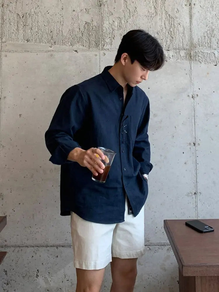 Vintage Men Long Sleeve Shirt Simple Casual Loose Fit Solid Color Coat