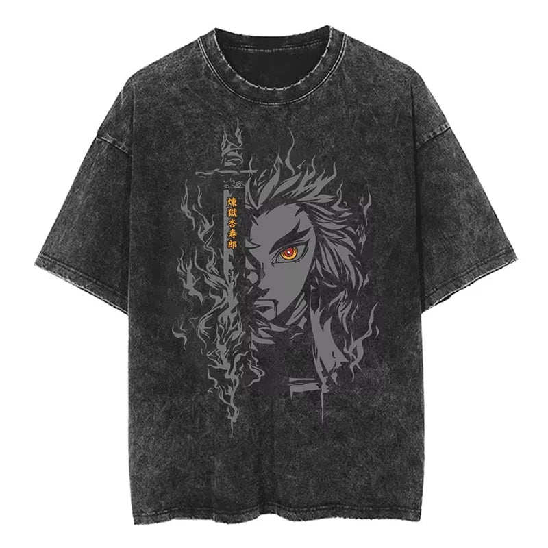 Anime Demon Slayer Shinazugawa Sanemi Cool Printed T-shirt Women Tshirts Vintage Washed Cotton Tee Harajuku Gothic Men T Shirt