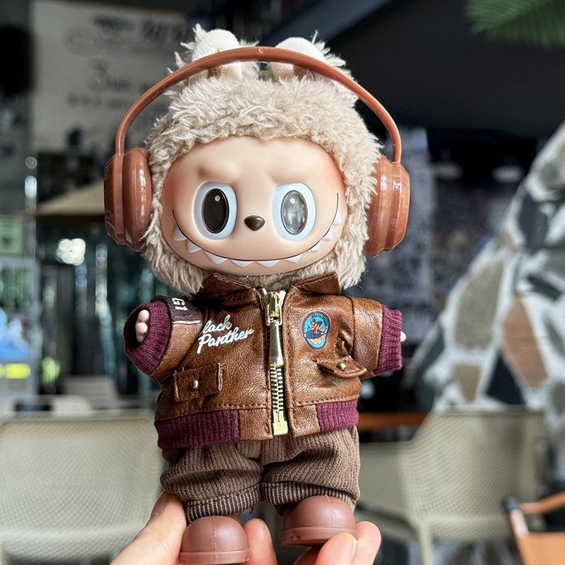 Labubu Retro Pilot Outfit Vintage Leather Jacket Aviator Headset Camera For 15/17cm 1st/2nd/3rd Gen Dolls