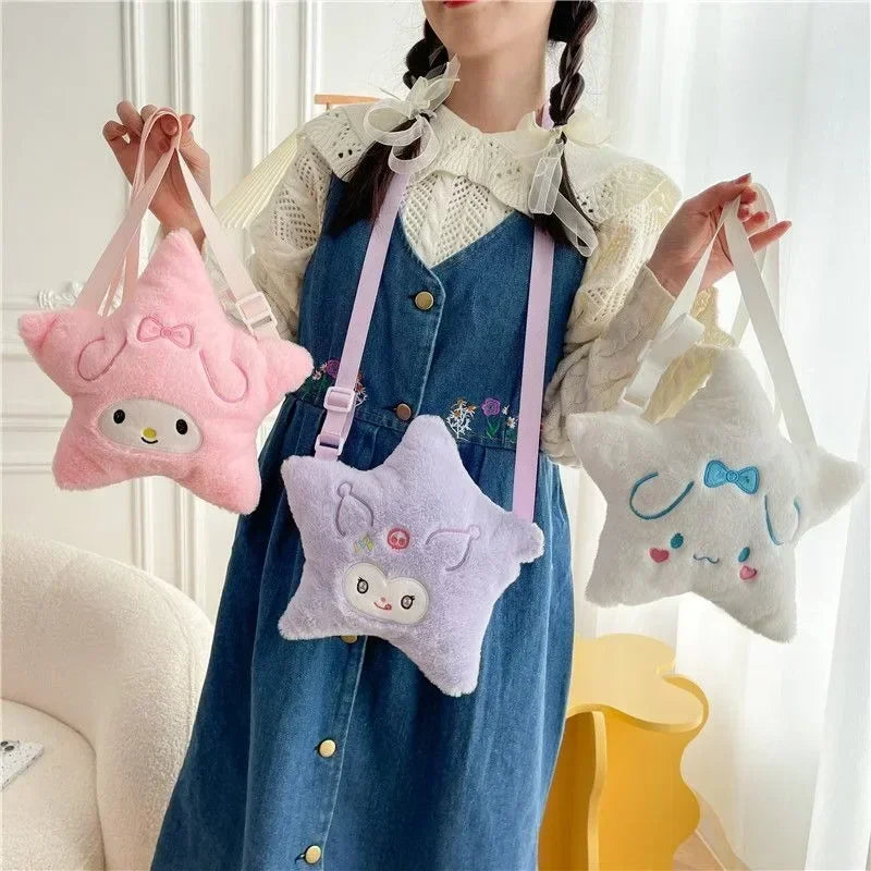 Sanrio Five Pointed Star Plush Bag Cinnamoroll My Melody Kuromi Anime Cartoon Embroidery Accessory Kawaii Storage Bag Girls Gift