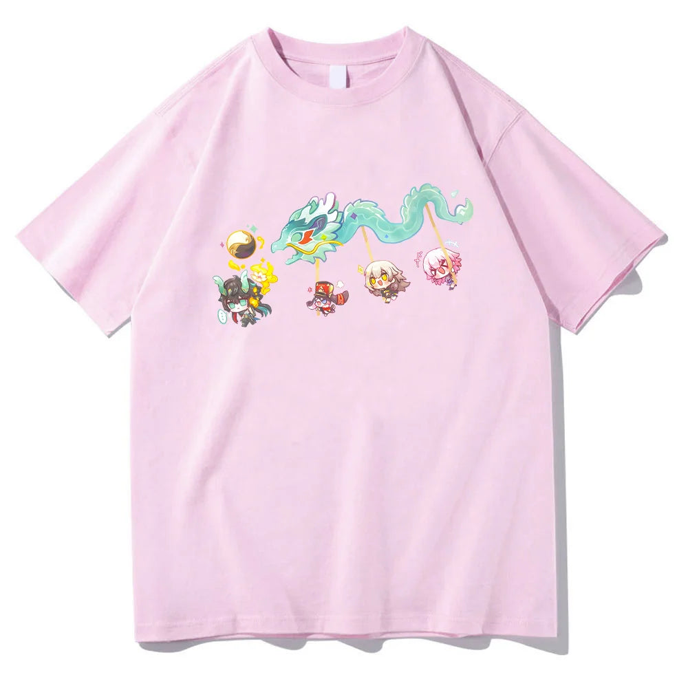 Imbibitor Lunae & Friends Dragon Dance Cotton T-shirt Honkai Star Rail Game Tees Adorable Q-version Cartoon Tops Unisex Clothing