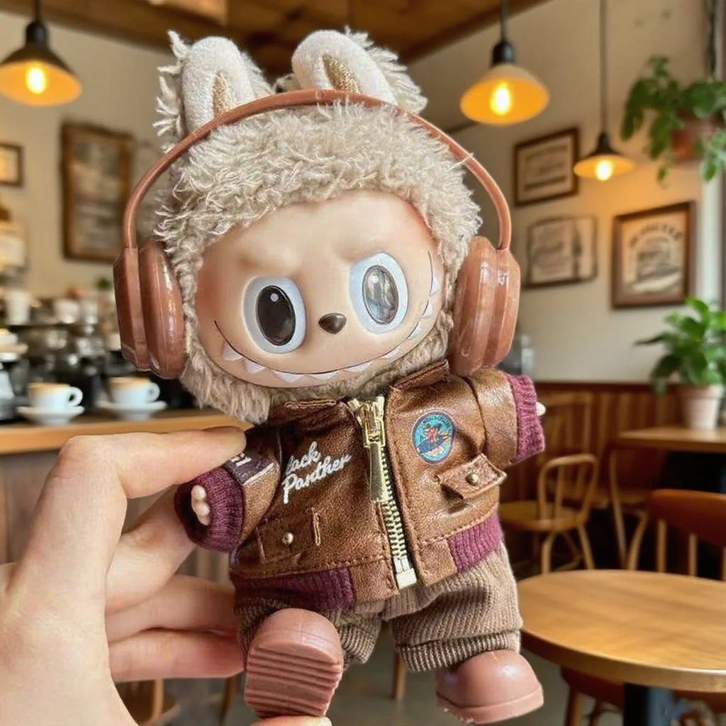 Brown Retro Flying Jacket Fashion Doll Clothes Set for 17cm Labubu Doll - Accessory Gift Item