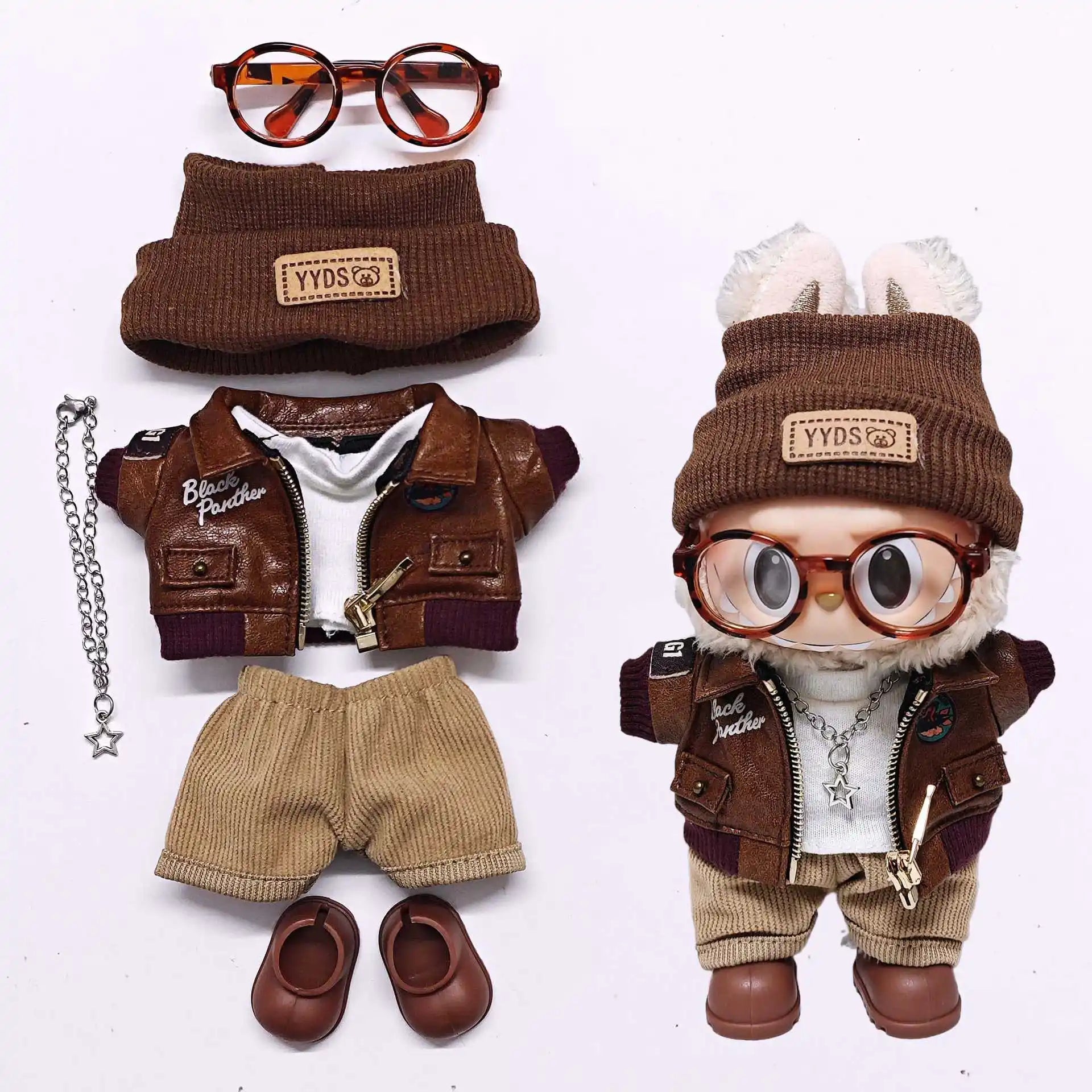 Labubu Retro Pilot Outfit Vintage Leather Jacket Aviator Headset Camera For 15/17cm 1st/2nd/3rd Gen Dolls