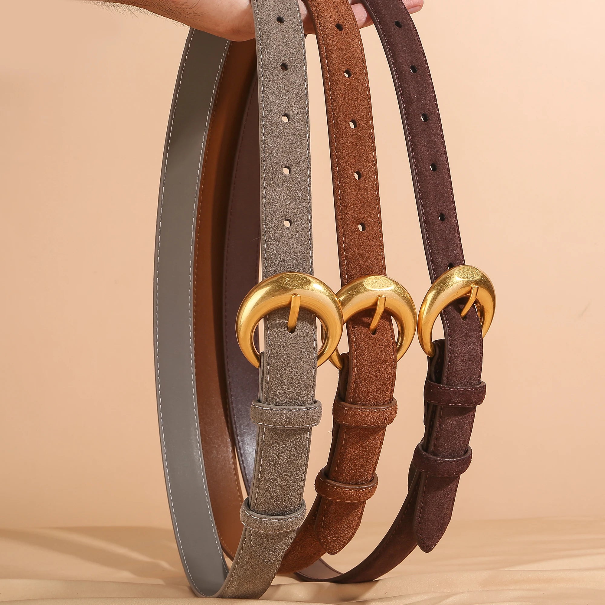 Premium Genuine Leather & Suede Women's Belt - Gold Round Pin Buckle Vintage Waistband for Jeans Dress Casual