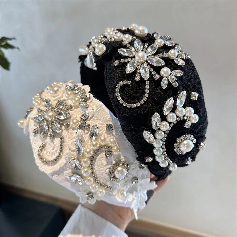 Black White Headband Hair Bands For Women Crystal Embroidered Flower Headband Girls Travel Seaside Wide Hair Hoops Headwear