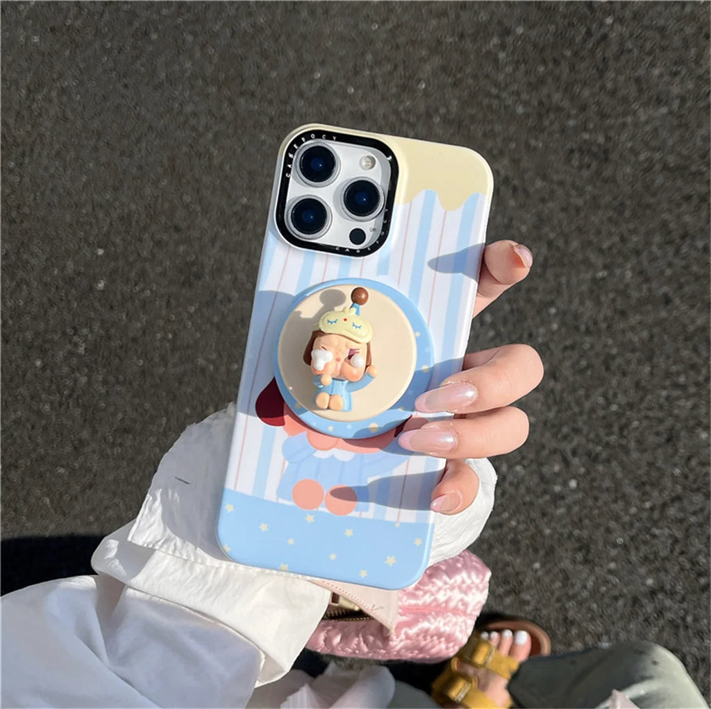 Korean Blue Stripe Cute Girl Magnetic Phone Case For iPhone 16 Pro 15 14 13 Pro Max Cover with Stand Case For Magsafe