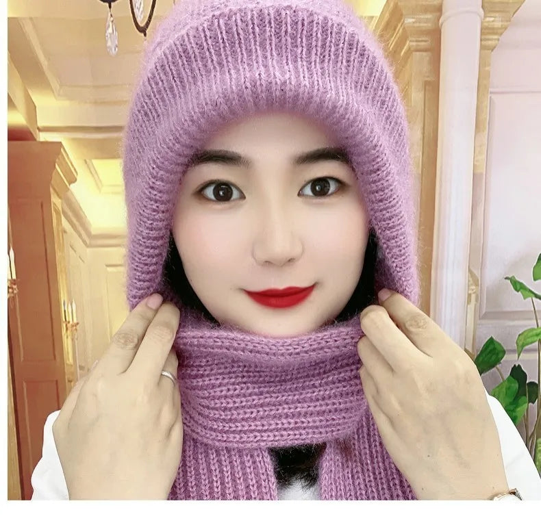 Winter Knitted Skullies Hat Scarf Set Cold Proof Ear Protection Scarf Warm Girls Beanies Cycling Windproof Ladies Outdoor Caps