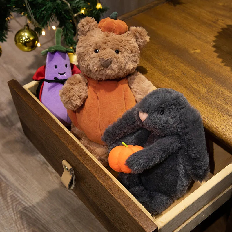 Creative Pumpkin Bear Plush Toys Soft Black Rabbit Hold Pumpkin Earphone &Cloak Eggplant Stuffed Doll Halloween Trick Or Treat