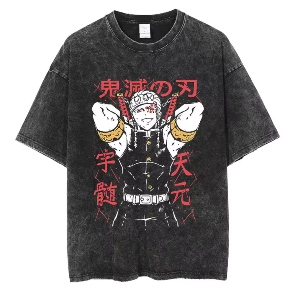 Anime Demon Slayer Shinazugawa Sanemi Cool Printed T-shirt Women Tshirts Vintage Washed Cotton Tee Harajuku Gothic Men T Shirt