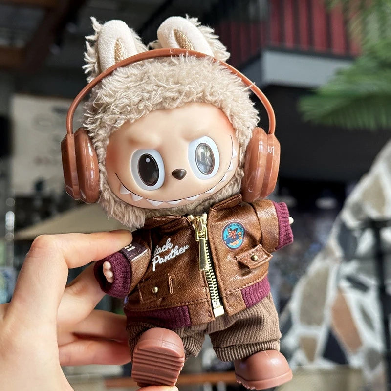 Labubu Retro Pilot Outfit Vintage Leather Jacket Aviator Headset Camera For 15/17cm 1st/2nd/3rd Gen Dolls