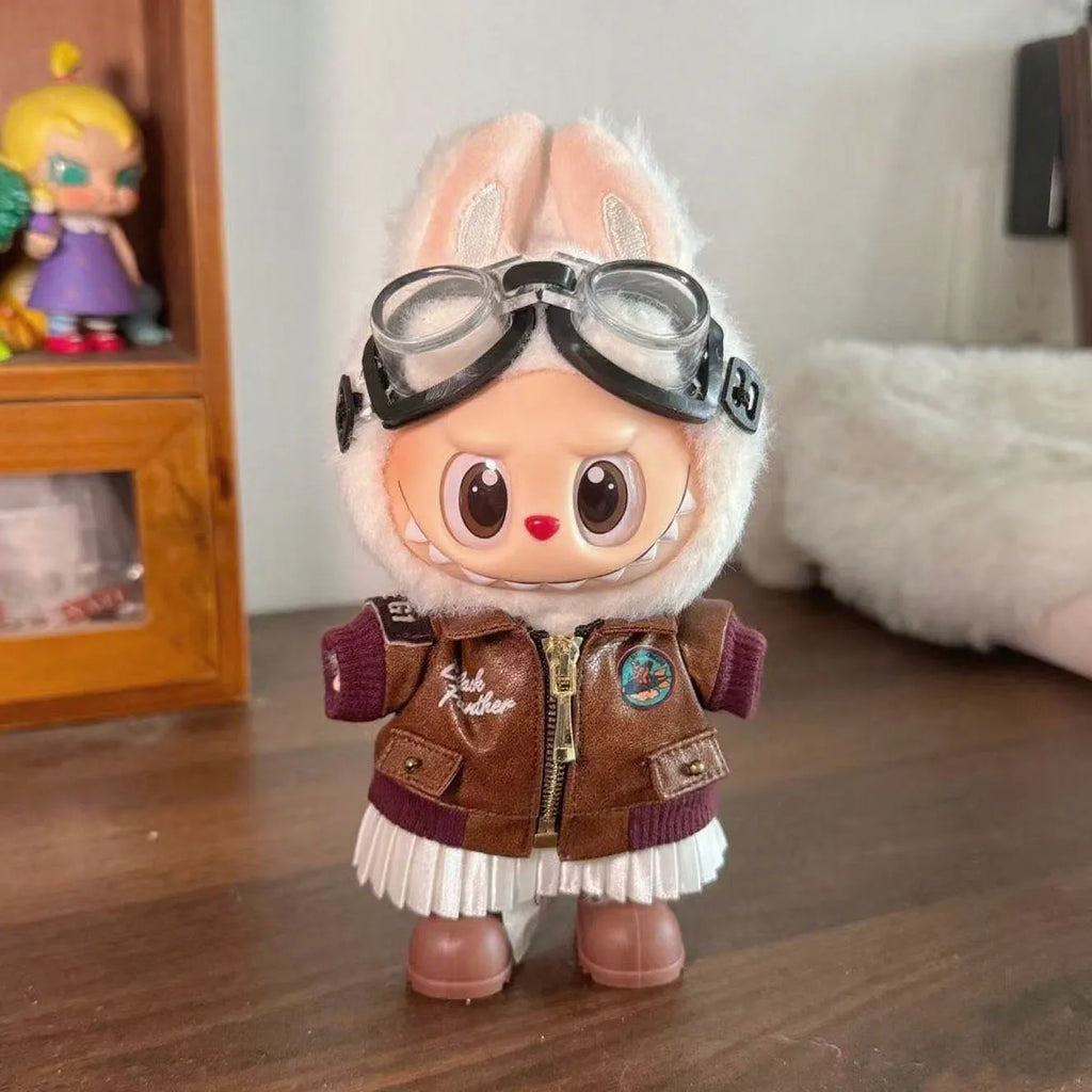 Brown Retro Flying Jacket Fashion Doll Clothes Set for 17cm Labubu Doll - Accessory Gift Item
