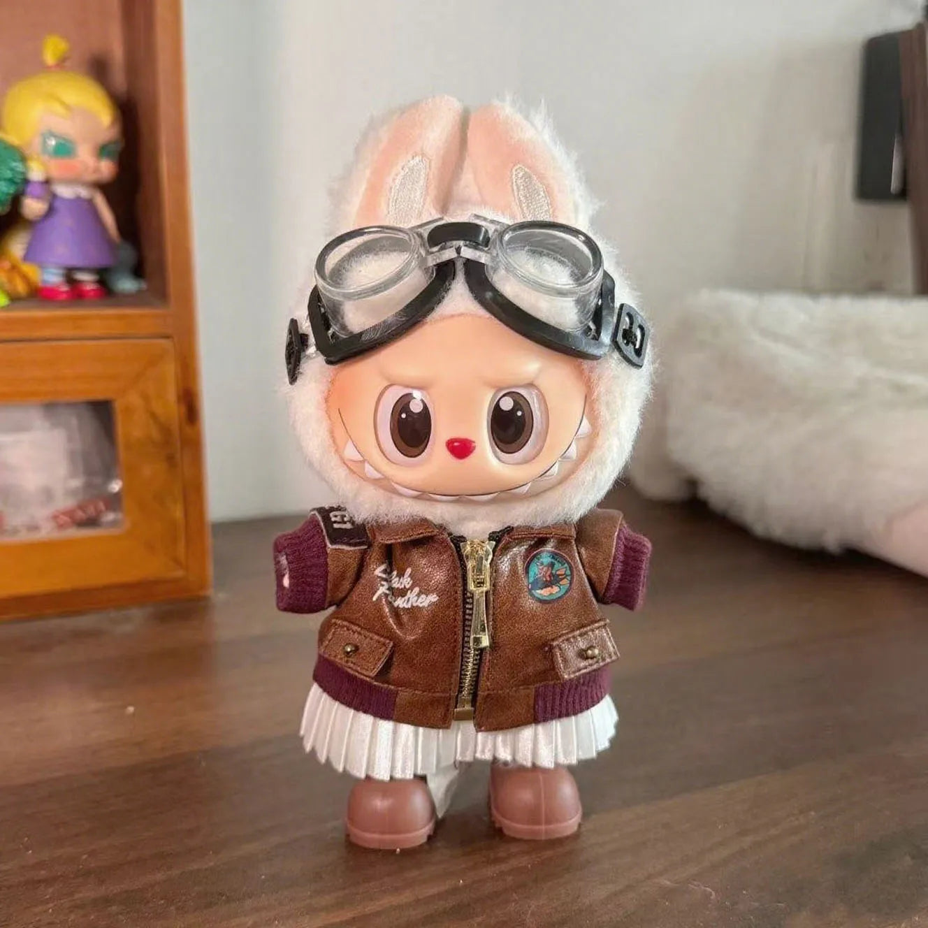 Brown Retro Flying Jacket Fashion Doll Clothes Set for 17cm Labubu Doll - Accessory Gift Item