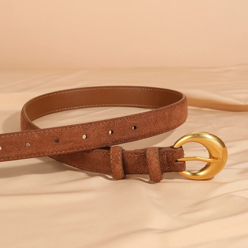 Premium Genuine Leather & Suede Women's Belt - Gold Round Pin Buckle Vintage Waistband for Jeans Dress Casual