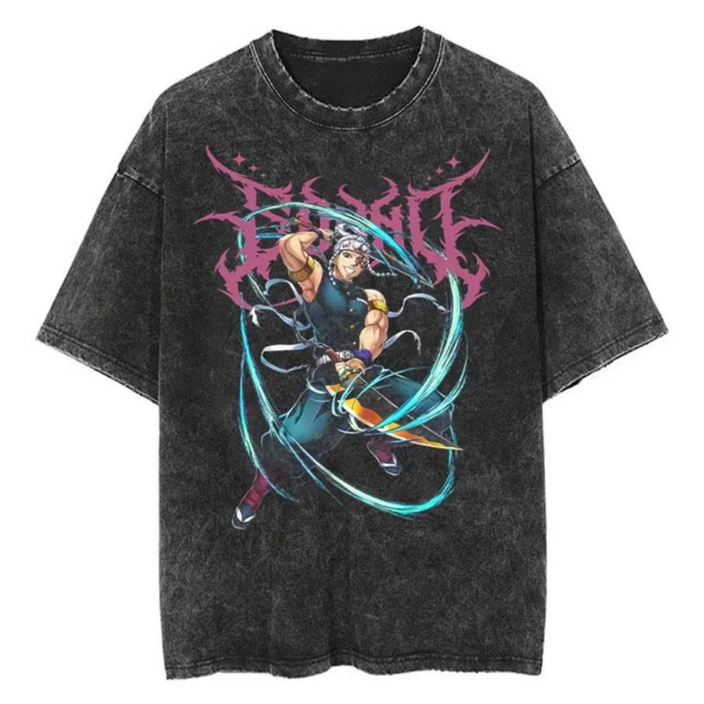 Anime Demon Slayer Shinazugawa Sanemi Cool Printed T-shirt Women Tshirts Vintage Washed Cotton Tee Harajuku Gothic Men T Shirt