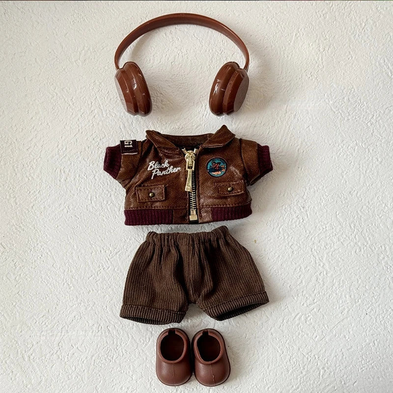 Labubu Retro Pilot Outfit Vintage Leather Jacket Aviator Headset Camera For 15/17cm 1st/2nd/3rd Gen Dolls