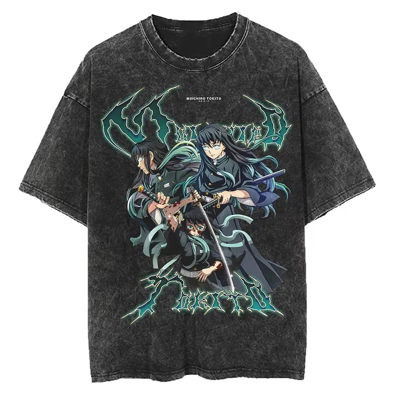 Anime Demon Slayer Shinazugawa Sanemi Cool Printed T-shirt Women Tshirts Vintage Washed Cotton Tee Harajuku Gothic Men T Shirt