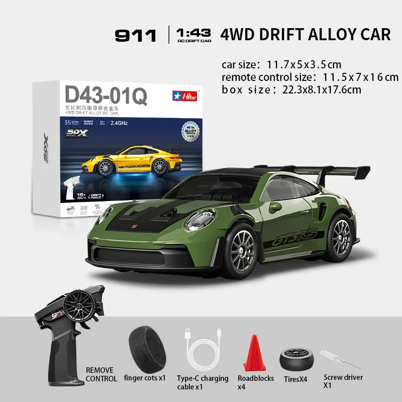 Macro Star D43 Full Proportion Remote Control Drift Car 1:43 Scale Alloy Gyro Four-Wheel Drive Flat Run Luminous Toy Model