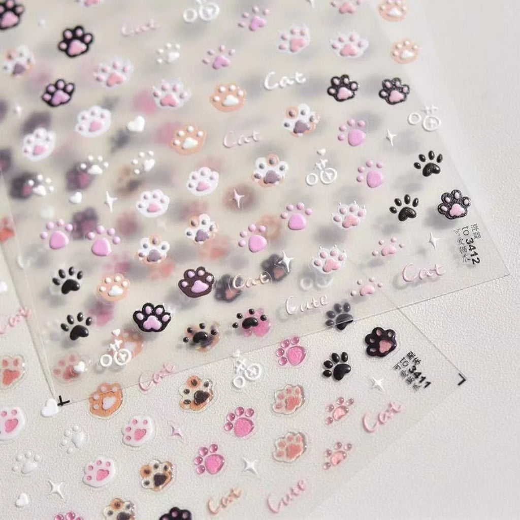 Mini Cute Cartoon Kitten Paw 3D Relief Scrapbook Sticker Sweet Nail Decora Kawaii DIY Stationery Sticker for Kids Journal Craft
