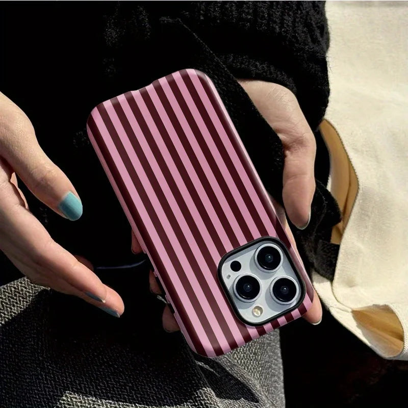Fashion Pink Black Stripe Phone Case for iPhone 17 16 15 14 13 12 11 X XS XR 7 8 Air Pro Max Plus Luxury Double-layer Back Cover