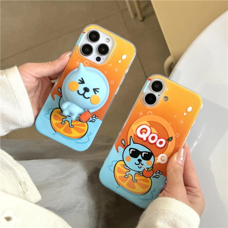 Funny Cute Orange Juice Magnetic Phone Case For iPhone 16 Pro 14 15 Pro Max Cover with Magsafe Stand Holder Kawaii Cases 16 Capa