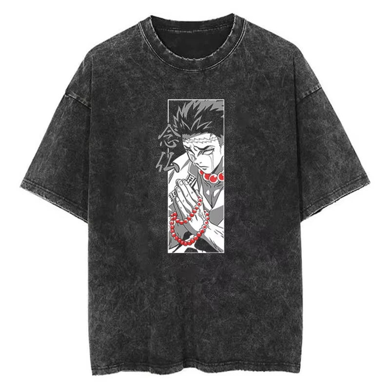 Anime Demon Slayer Shinazugawa Sanemi Cool Printed T-shirt Women Tshirts Vintage Washed Cotton Tee Harajuku Gothic Men T Shirt