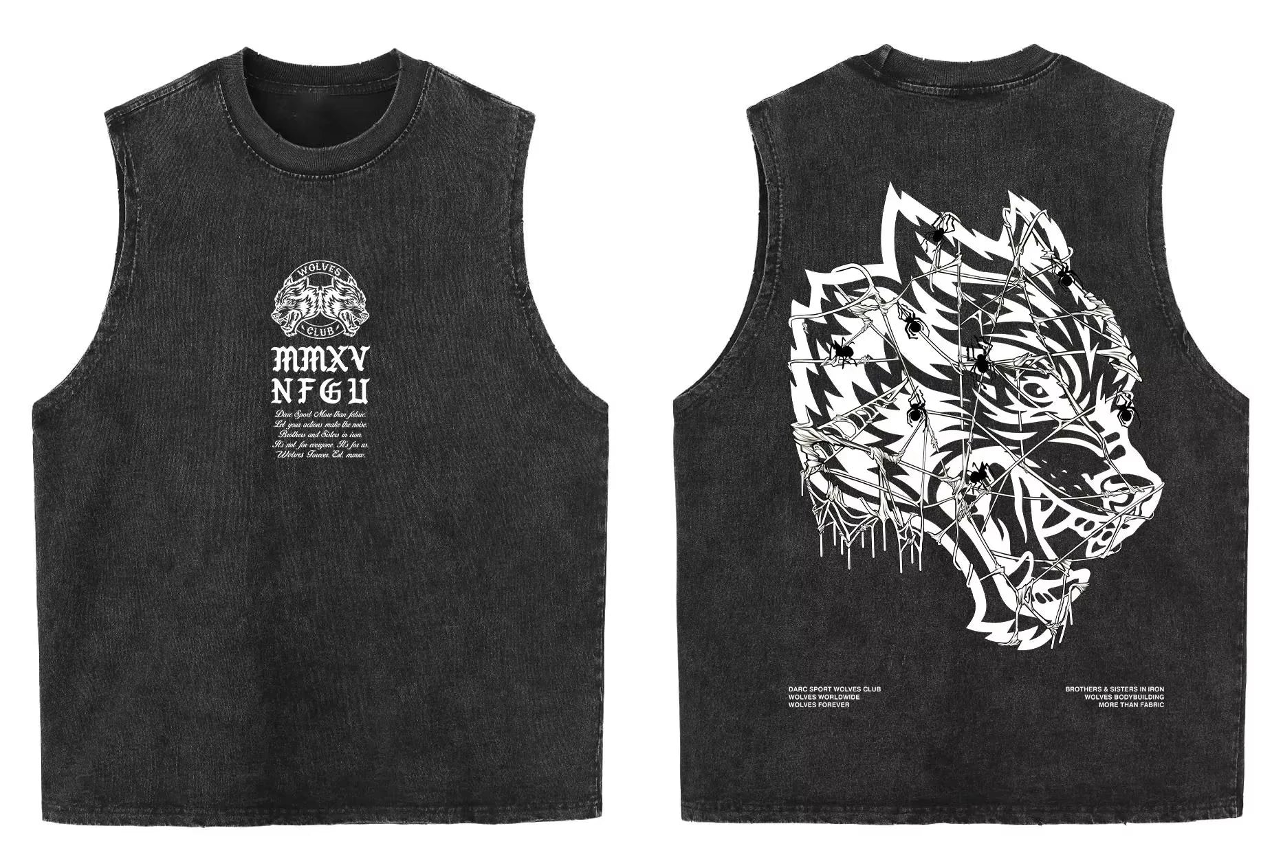 2025 summer American vintage Washed men's T shirt Wolf Head Print Tank Top Gym Fitness Sleeveless T shirt Exercise Vest Women