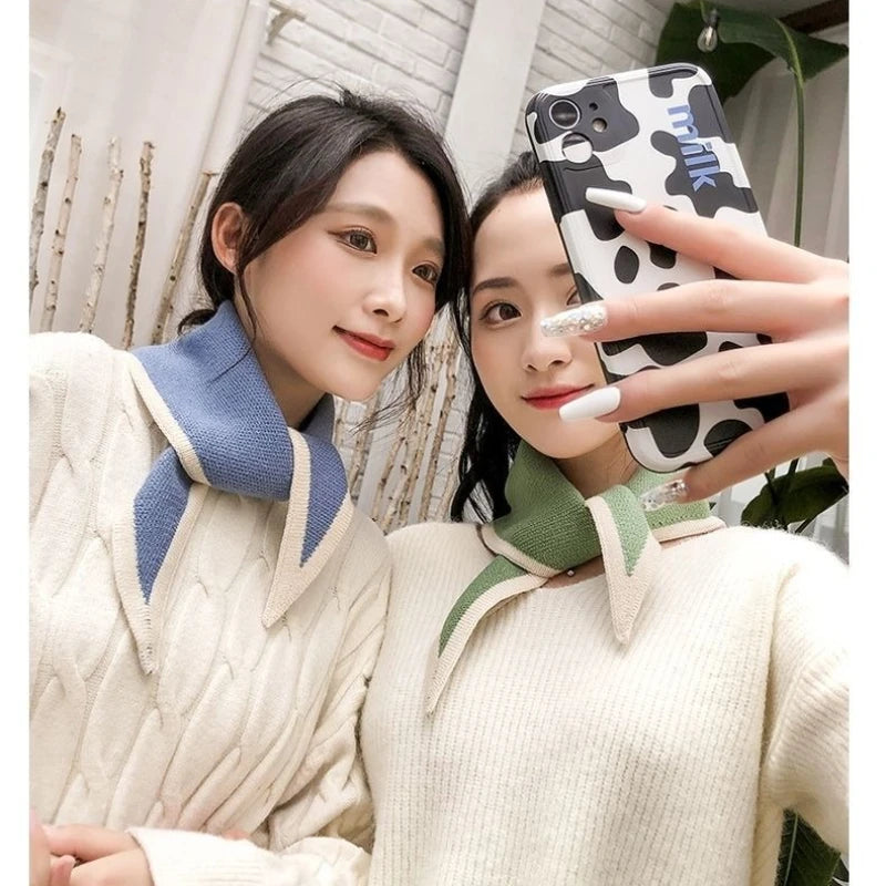 Women's Winter Scarfs Korean Version Autumn and Winter Knitted Warm Scarf Cute Sweet Crossed Triangular Scarfs