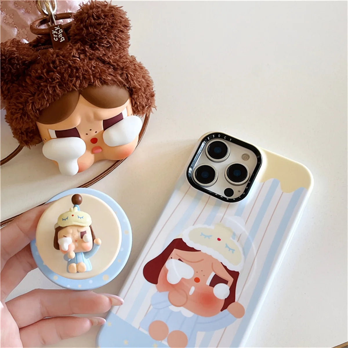 Korean Blue Stripe Cute Girl Magnetic Phone Case For iPhone 16 Pro 15 14 13 Pro Max Cover with Stand Case For Magsafe
