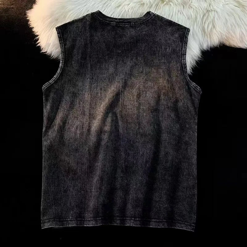 2025 summer American vintage Washed men's T shirt Wolf Head Print Tank Top Gym Fitness Sleeveless T shirt Exercise Vest Women