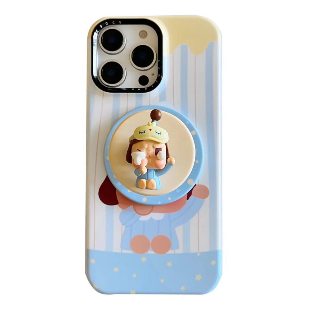 Korean Blue Stripe Cute Girl Magnetic Phone Case For iPhone 16 Pro 15 14 13 Pro Max Cover with Stand Case For Magsafe