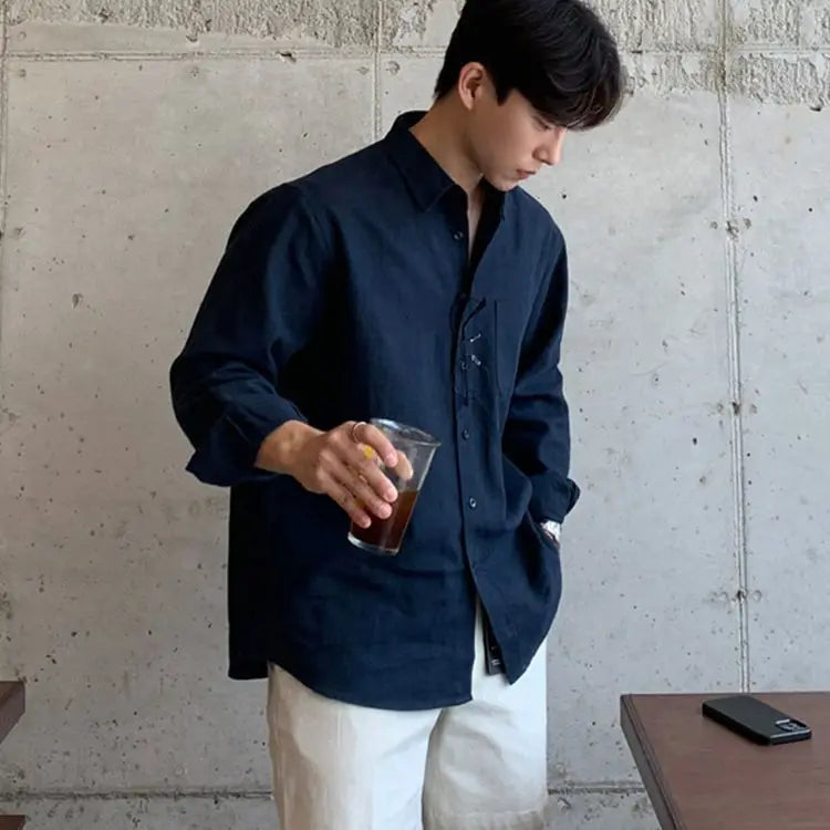 Vintage Men Long Sleeve Shirt Simple Casual Loose Fit Solid Color Coat