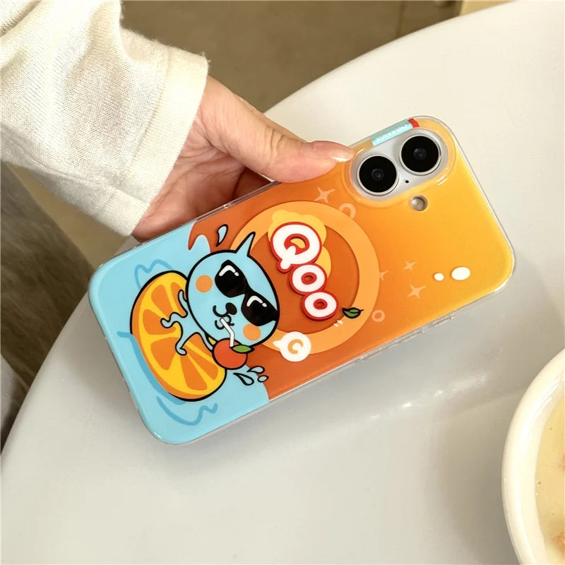 Funny Cute Orange Juice Magnetic Phone Case For iPhone 16 Pro 14 15 Pro Max Cover with Magsafe Stand Holder Kawaii Cases 16 Capa