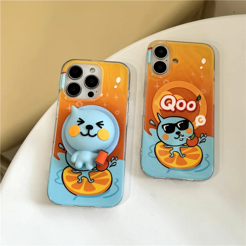 Funny Cute Orange Juice Magnetic Phone Case For iPhone 16 Pro 14 15 Pro Max Cover with Magsafe Stand Holder Kawaii Cases 16 Capa
