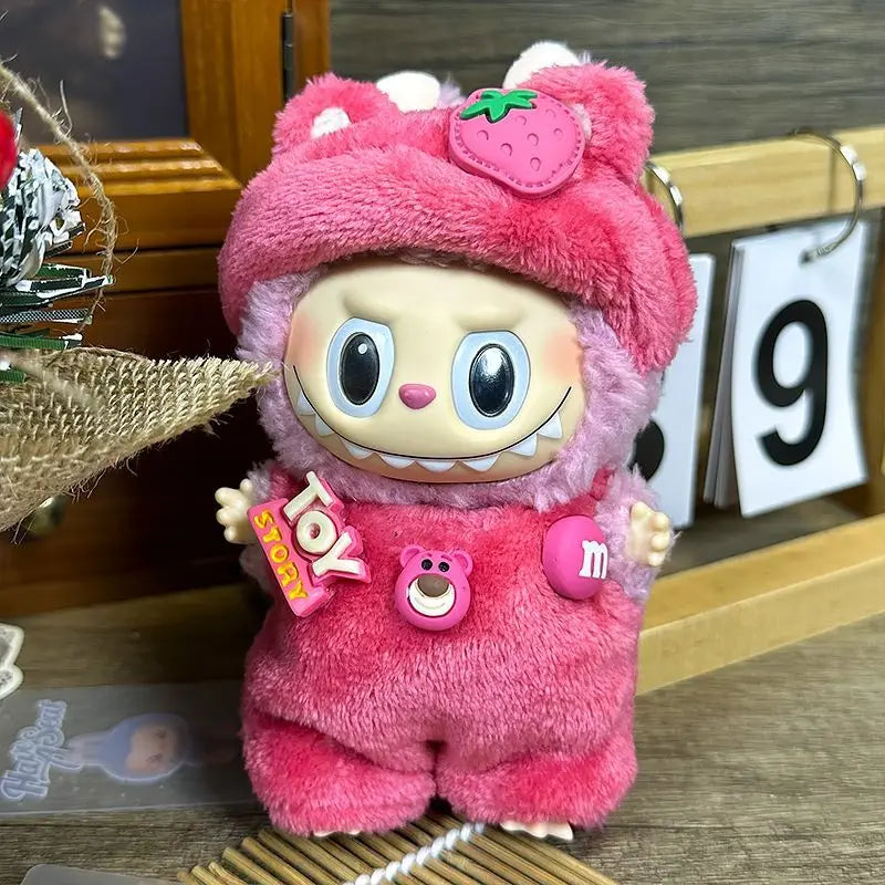 17cm Strawberry Bear Labubu sit Sit party clothes Labubu Heartbeat Macaron pendant clothes replacement Collectible Art
