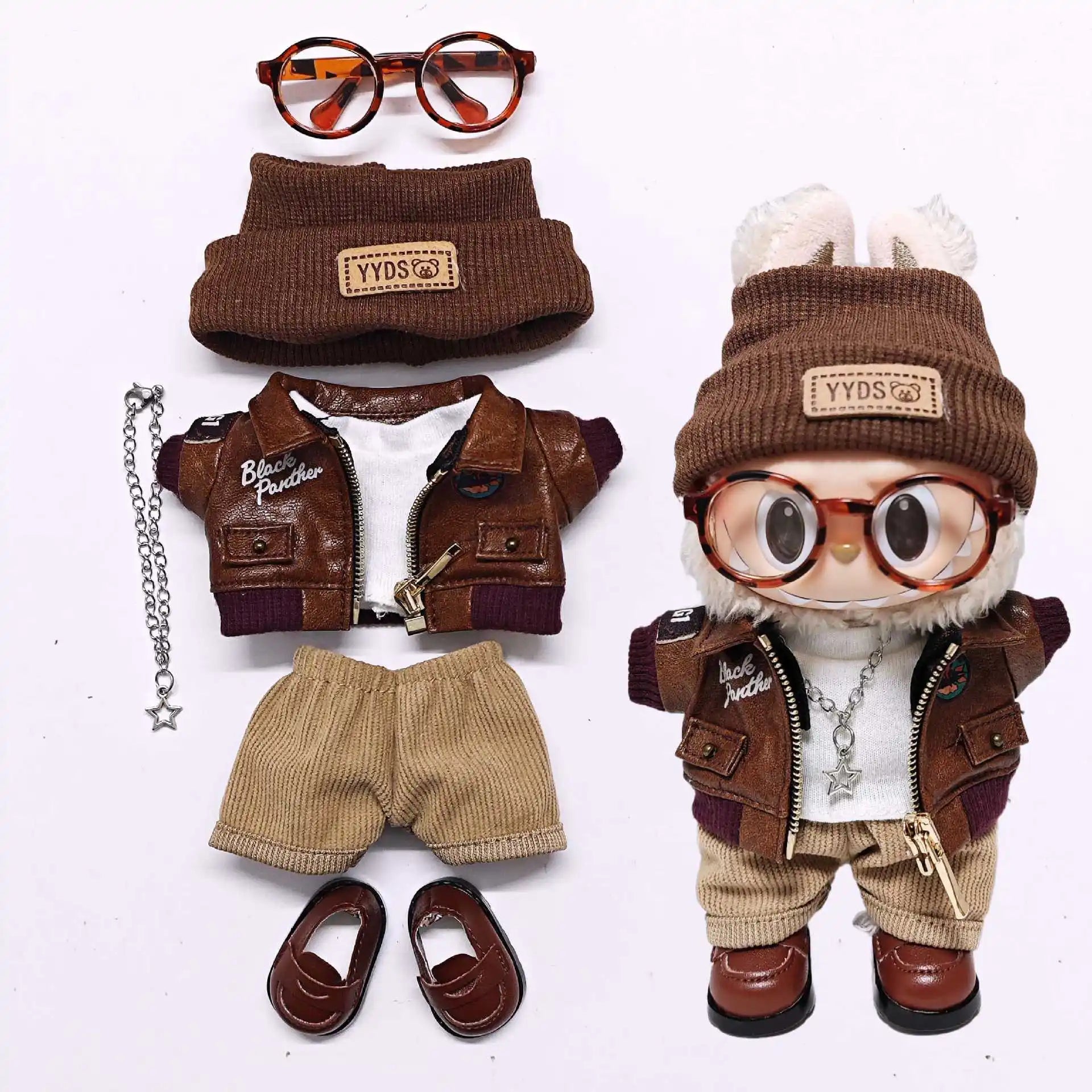 Labubu Retro Pilot Outfit Vintage Leather Jacket Aviator Headset Camera For 15/17cm 1st/2nd/3rd Gen Dolls