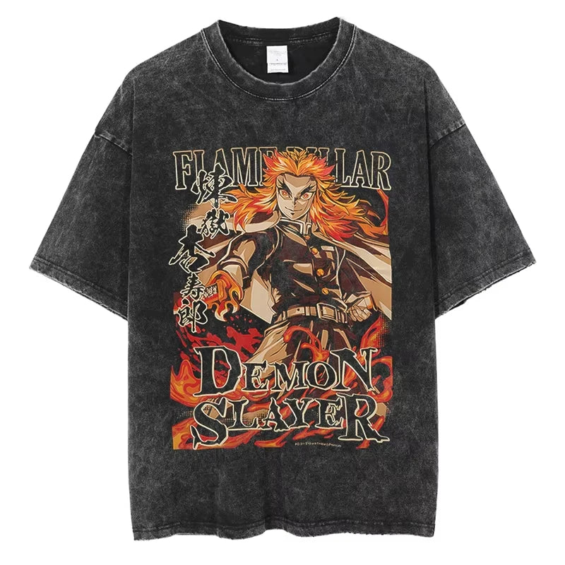 Anime Demon Slayer Shinazugawa Sanemi Cool Printed T-shirt Women Tshirts Vintage Washed Cotton Tee Harajuku Gothic Men T Shirt
