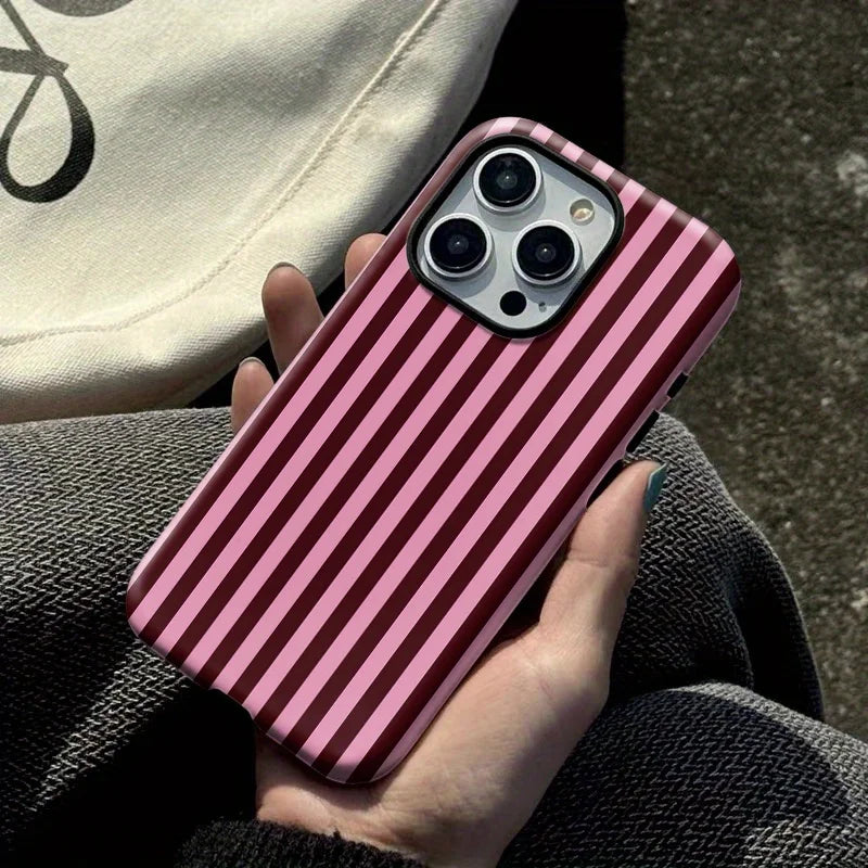 Fashion Pink Black Stripe Phone Case for iPhone 17 16 15 14 13 12 11 X XS XR 7 8 Air Pro Max Plus Luxury Double-layer Back Cover
